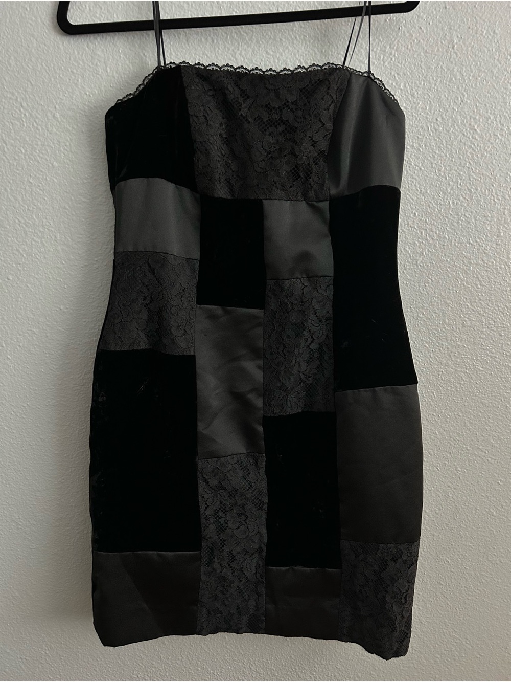 VINTAGE Black Velvet And Lace Patchwork Lace Slip Dress